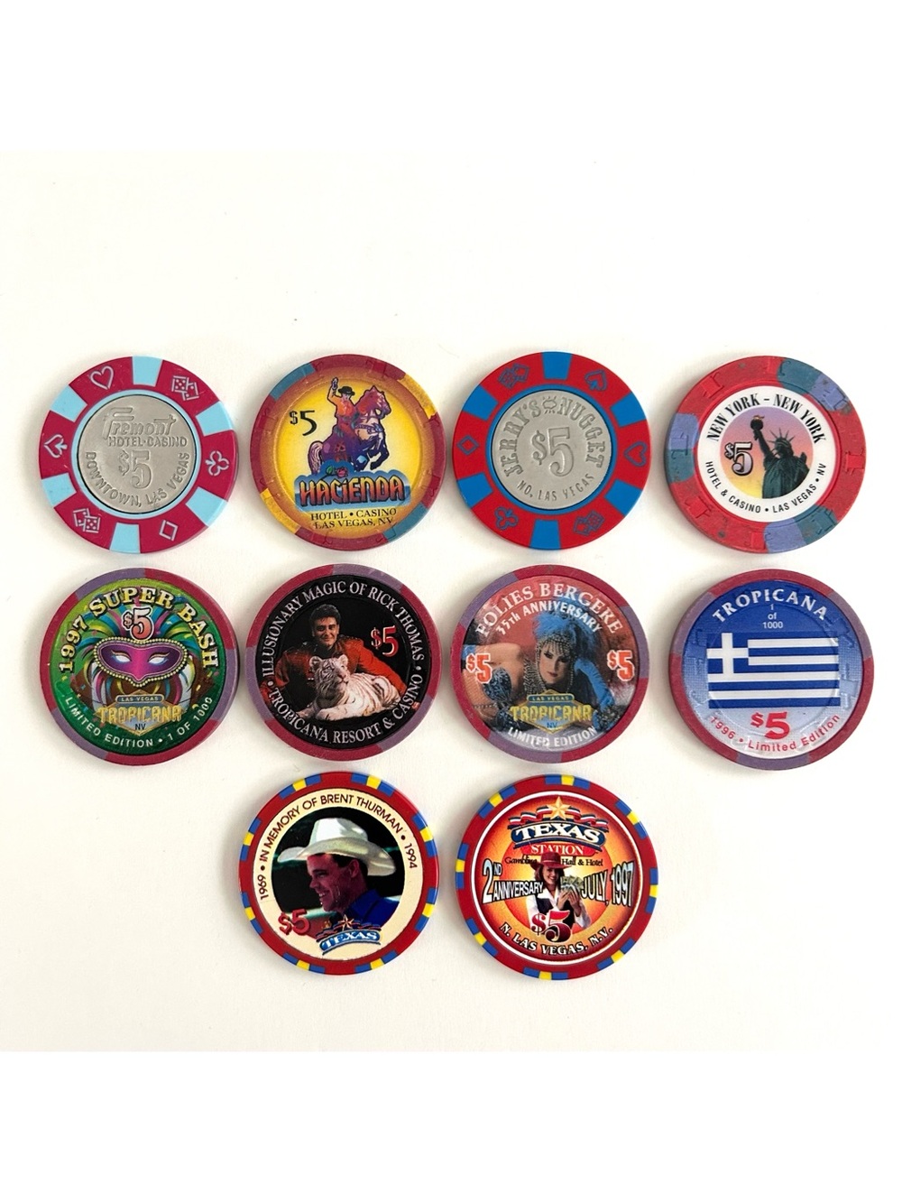 10 $5 Casino Chips from Las Vegas from the 1990s (one is late 80s)